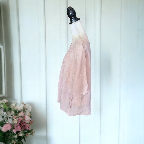 Lungo L'arno Tan Linen Elegant 3/4 sleeve Blouse with Embroidered Bodice Evening - Picture 3 of 5